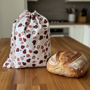 Black & Red Ladybug Cotton Bread Bag – Reusable Bread Storage, Handmade Draws